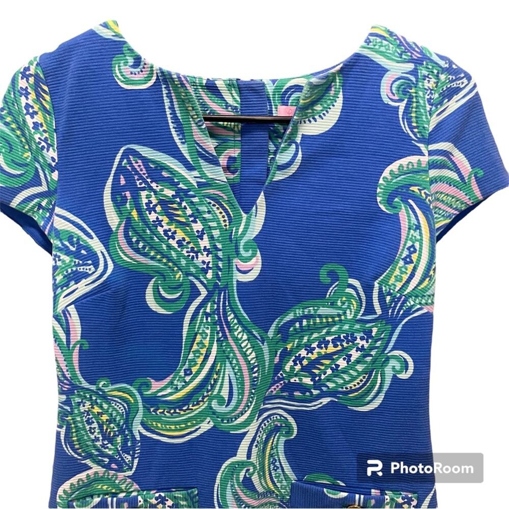 Lily Pulitzer Layton Blue Crush Shift Dress She Got Sole V-Neck Gold $198 XS - Picture 4 of 9